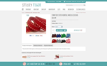 15mm Side Stitch Ribbon, Various Colours at StickyTiger