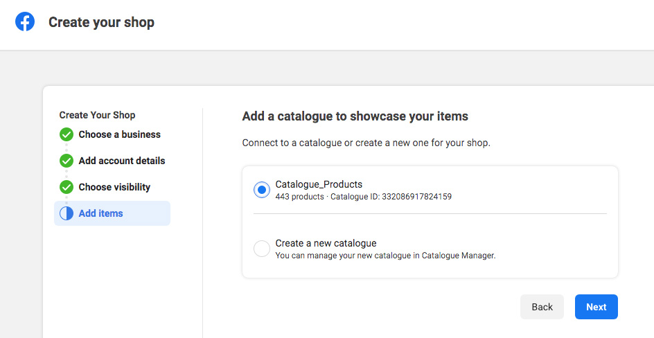 Choose your Facebook product catalogue