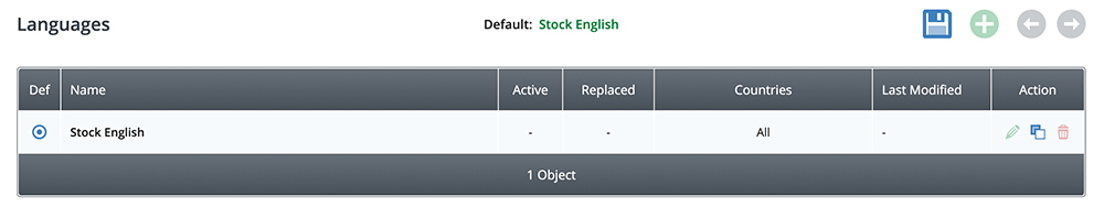 A languages table within the language manager