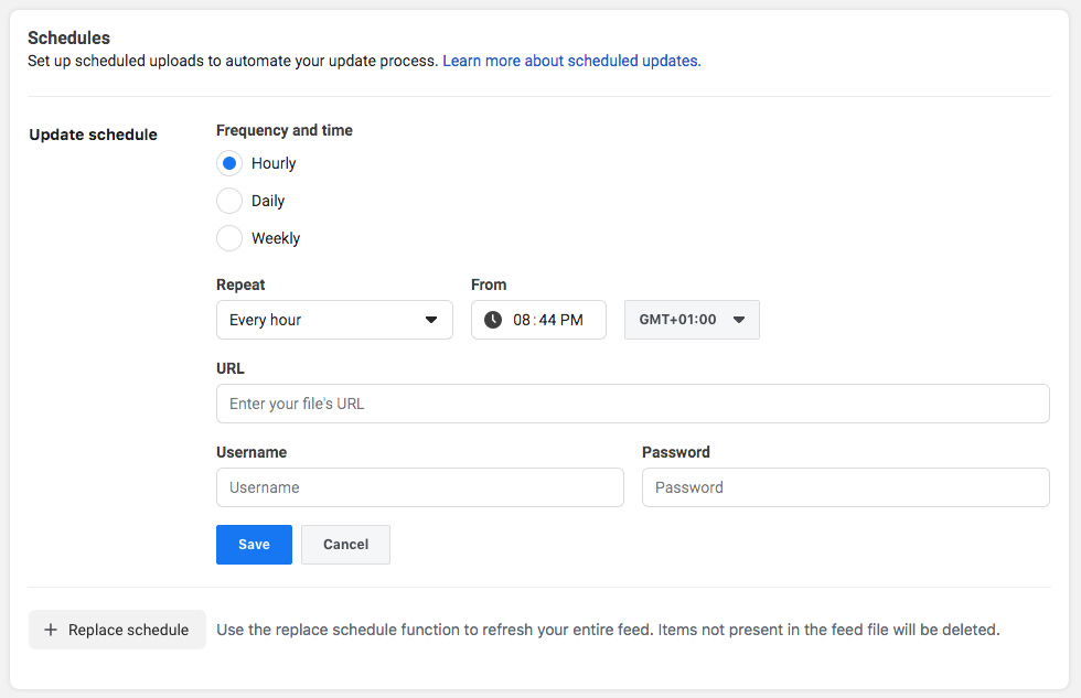 Set Facebook products upload schedule