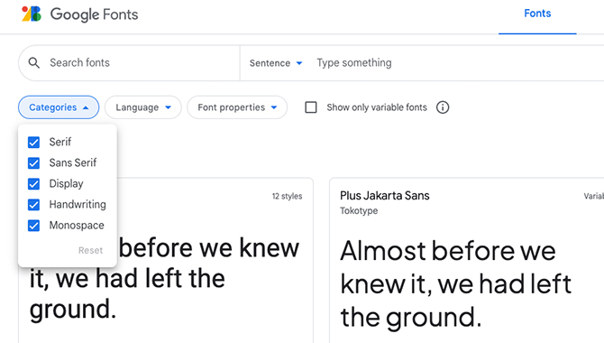 Google Fonts - Categories Filter