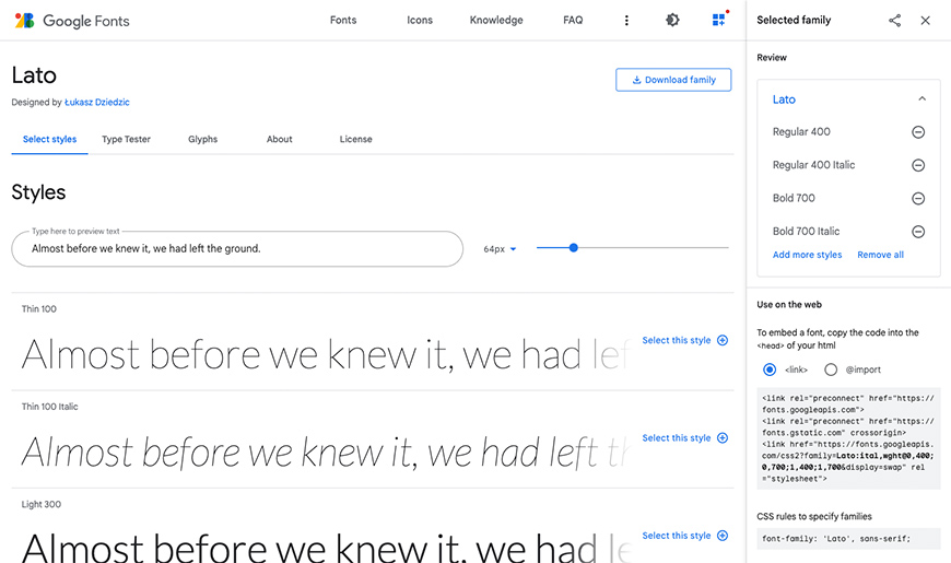 Google Fonts selected fonts