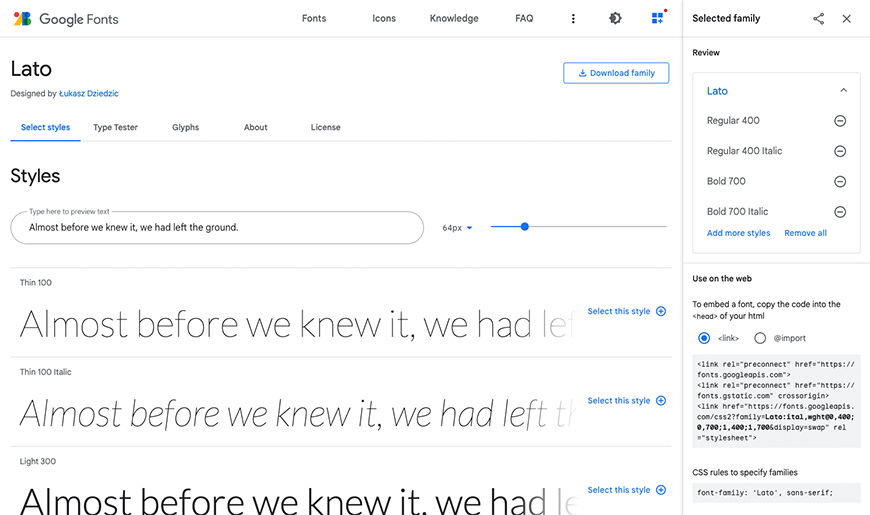 Google Fonts selected fonts