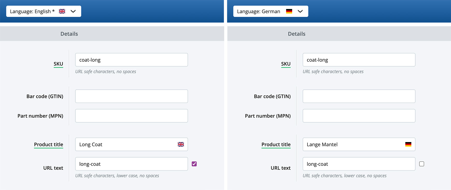 Example product input with different languages selected
