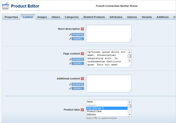 Product tab content in Product Editor