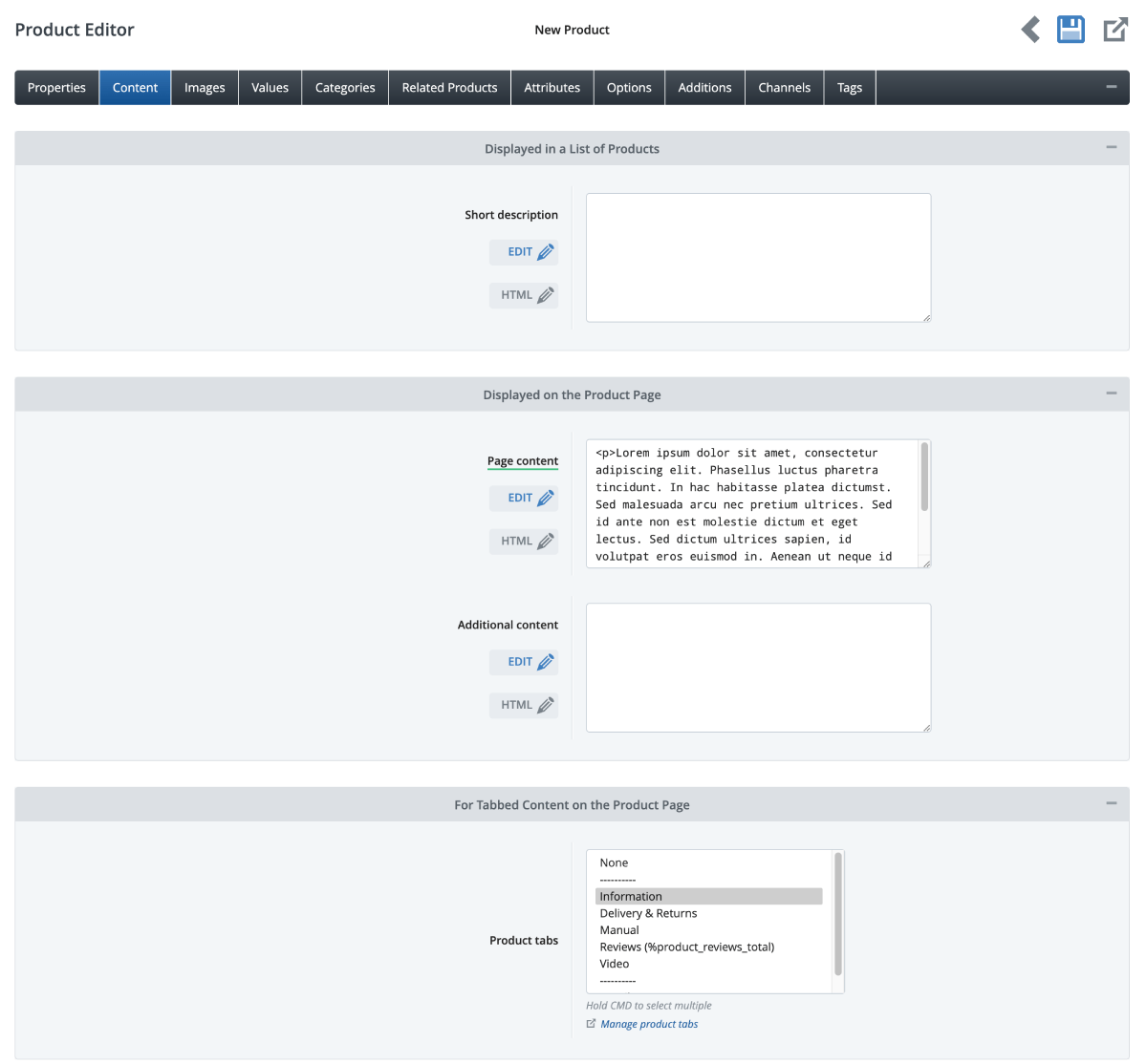 Product tab content in Product Editor