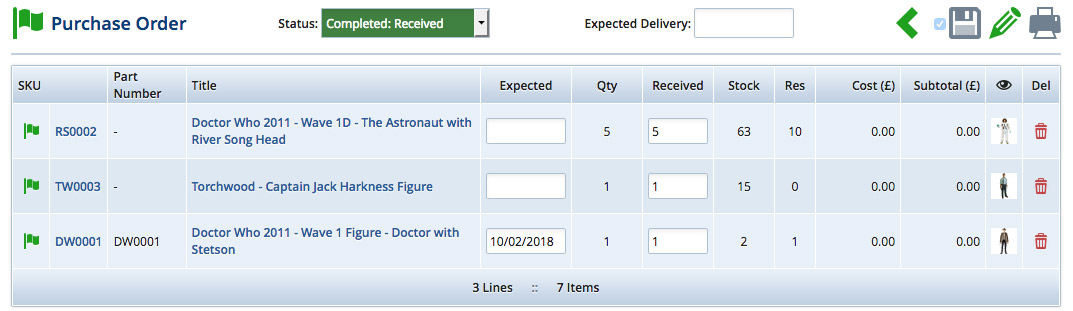 Stock received into purchase order