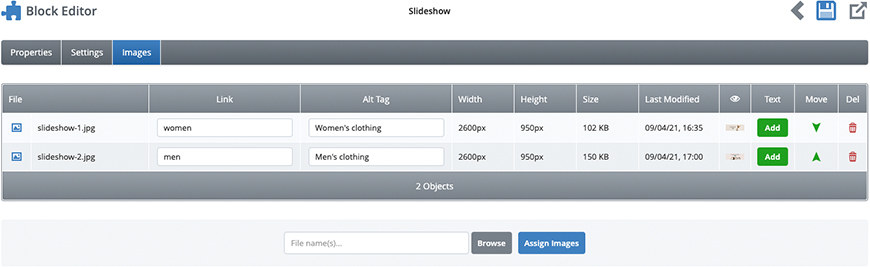 Slideshow Images tab