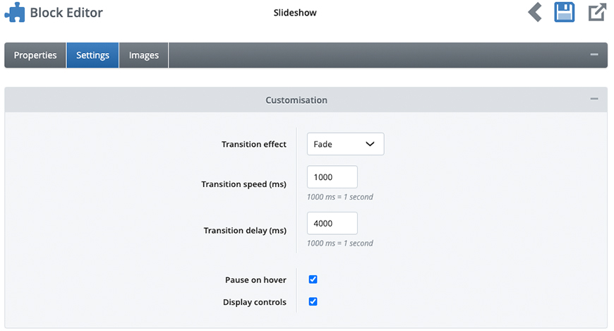 Slideshow settings tab