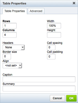 Table properties settings